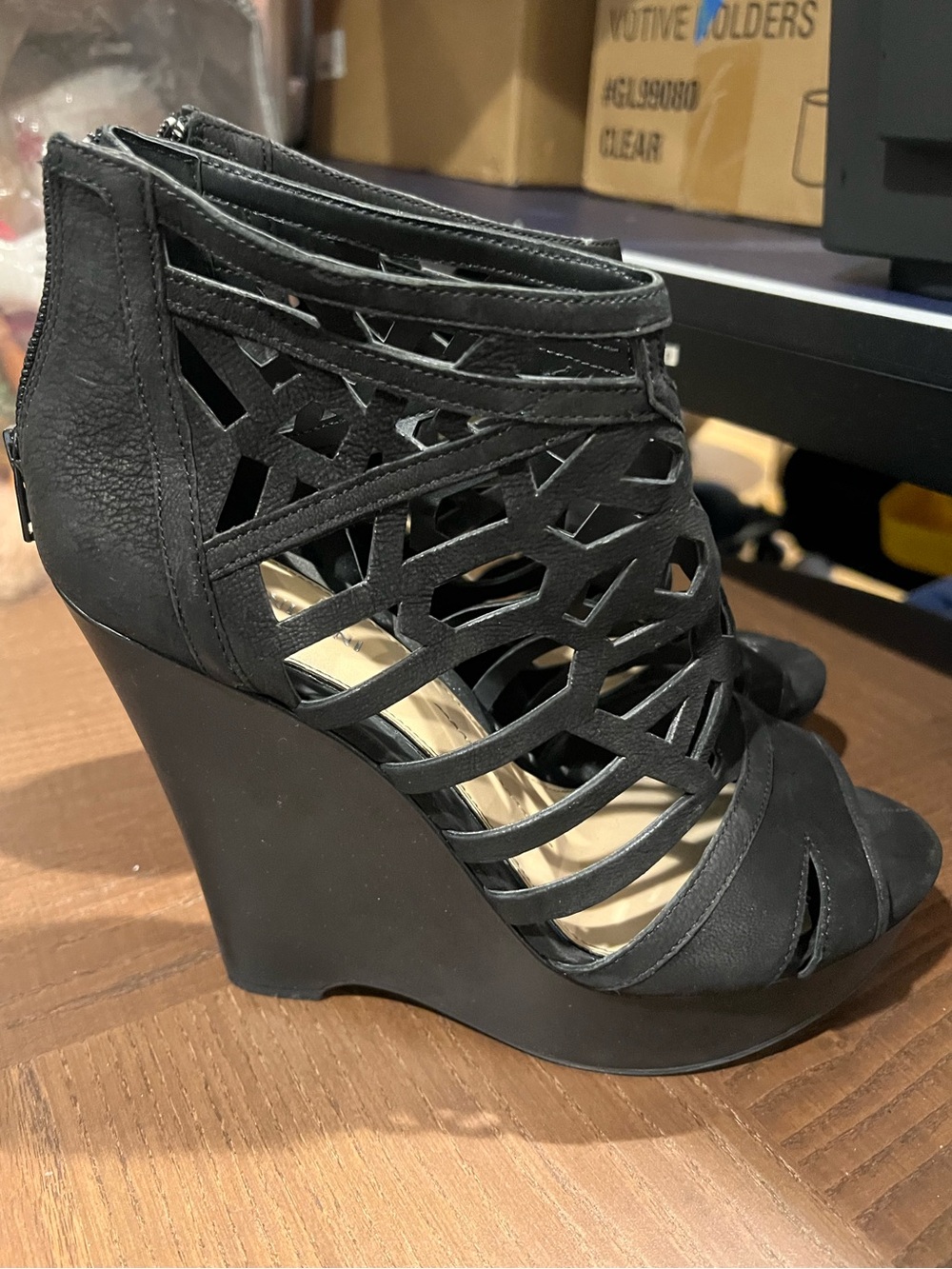 Gianni Bini Black Cage Platform Wedge Sandals Heels Size 9M